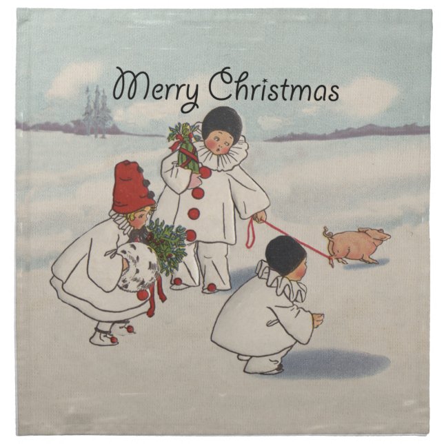 Vintage Christmas Snow Children Pig Cloth Napkin (Front)