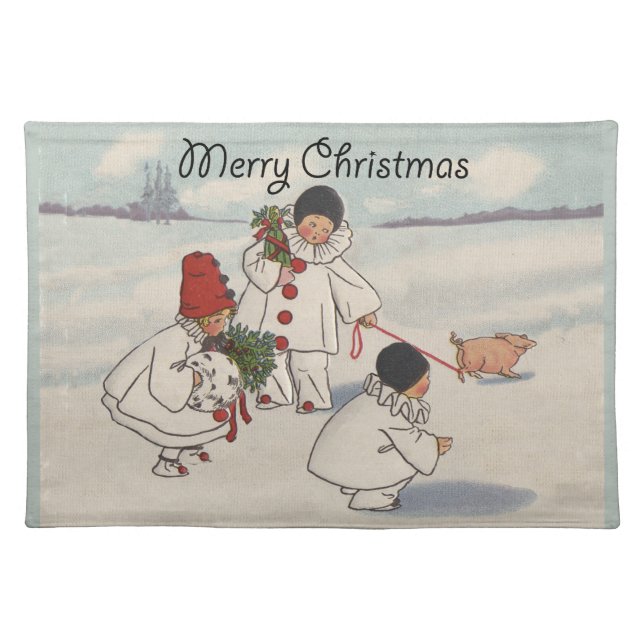Vintage Christmas Snow Children Pig Cloth Placemat (Front)