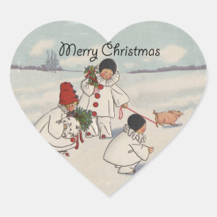 Vintage Christmas Snow Children Pig Heart Sticker