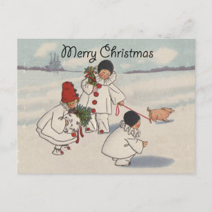 Vintage Christmas Snow Children Pig Holiday Postcard