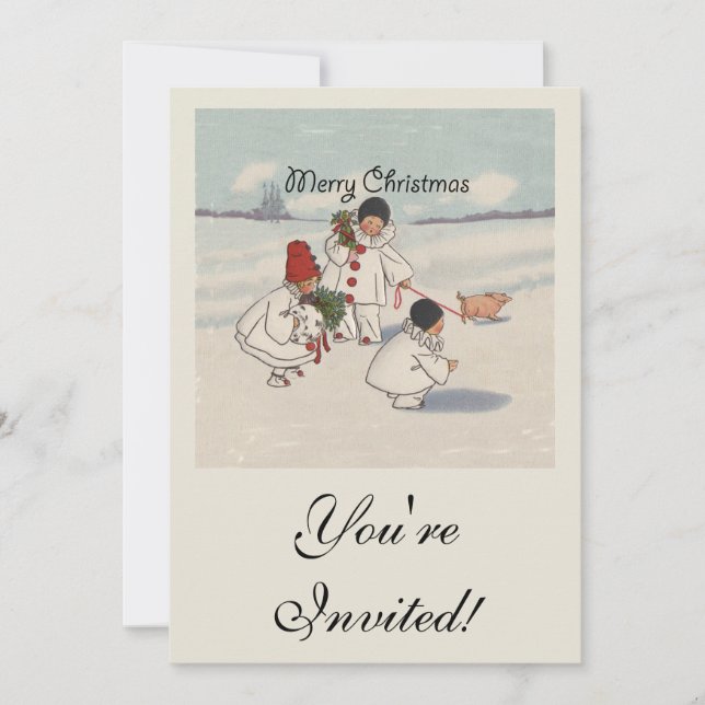 Vintage Christmas Snow Children Pig Invitation (Front)