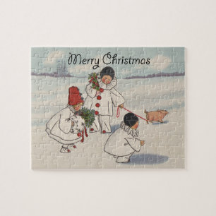Vintage Christmas Snow Children Pig Jigsaw Puzzle