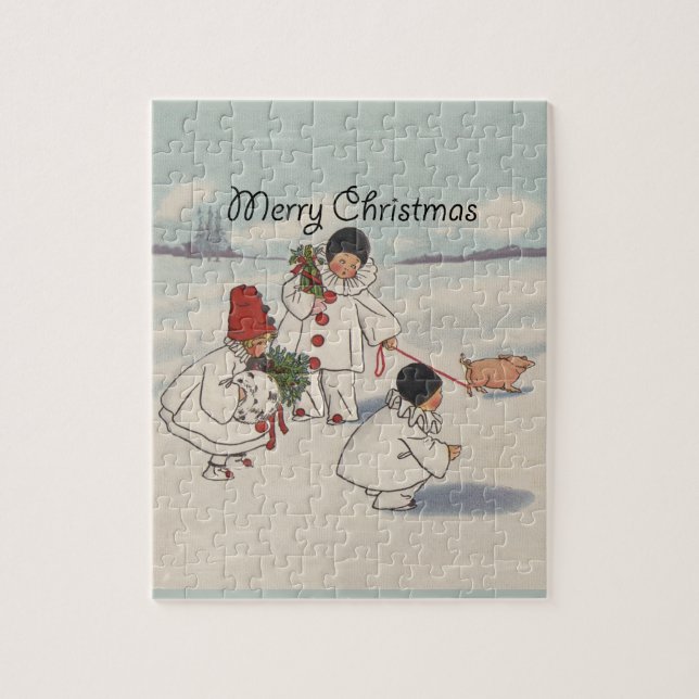 Vintage Christmas Snow Children Pig Jigsaw Puzzle (Vertical)