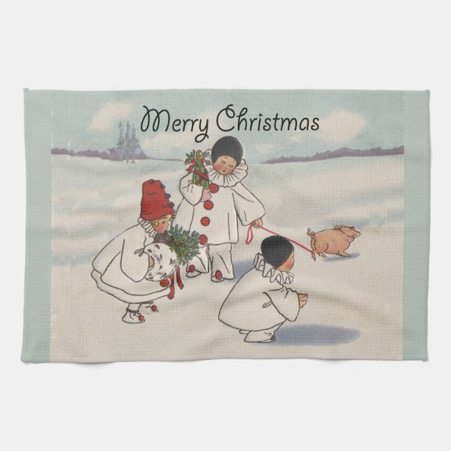 Vintage Christmas Snow Children Pig Kitchen Towel (Horizontal)
