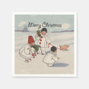 Vintage Christmas Snow Children Pig Napkins