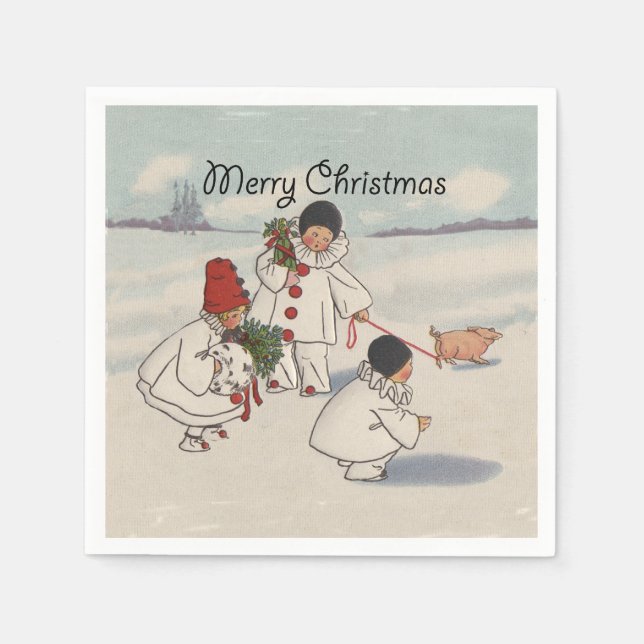 Vintage Christmas Snow Children Pig Napkins (Front)