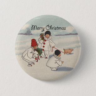 Vintage Christmas Snow Children Pig Pinback Button