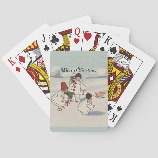 Vintage Christmas Snow Children Pig Poker Cards (Back)