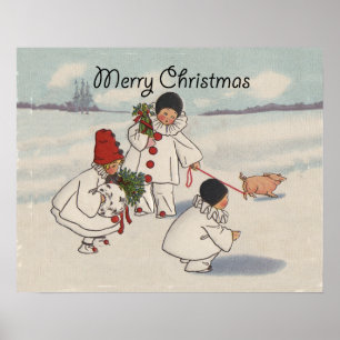 Vintage Christmas Snow Children Pig Poster