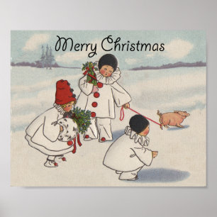 Vintage Christmas Snow Children Pig Poster