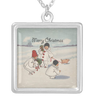 Vintage Christmas Snow Children Pig Silver Plated Necklace