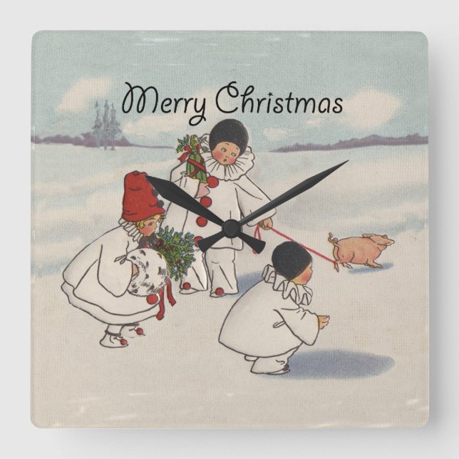 Vintage Christmas Snow Children Pig Square Wall Clock (Front)