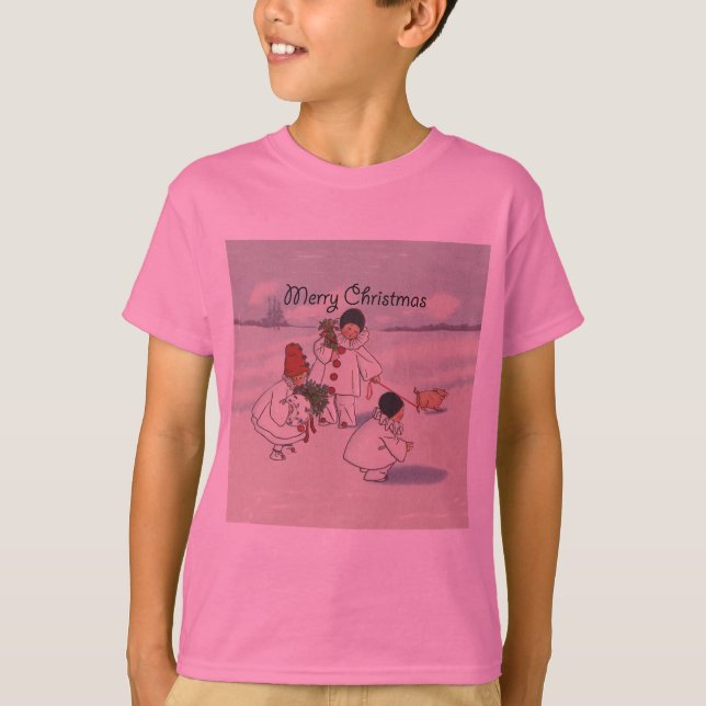 Vintage Christmas Snow Children Pig T-Shirt (Front)