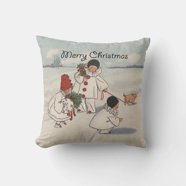 Vintage Christmas Snow Children Pig Throw Pillow (Front)