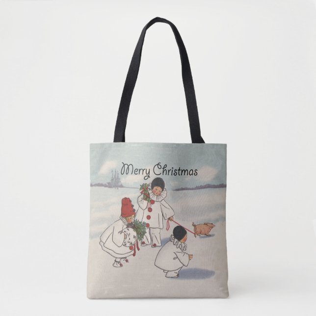 Vintage Christmas Snow Children Pig Tote Bag (Front)