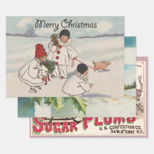 Vintage Christmas Snow Children Pig Wrapping Paper Sheets