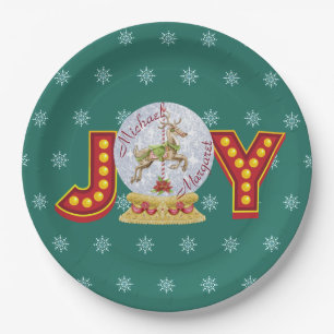 Vintage Christmas snow globe reindeer snowflakes Paper Plates