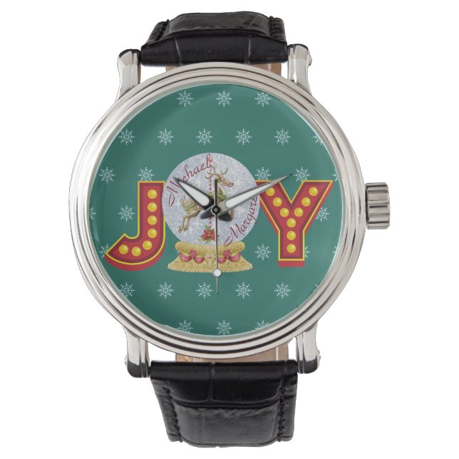 Vintage Christmas snow globe reindeer snowflakes  Watch (Front)