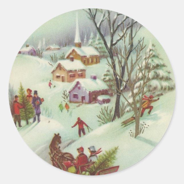 Vintage Christmas Snow Scene Classic Round Sticker (Front)