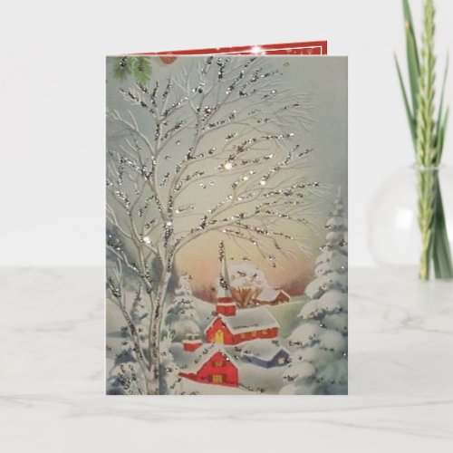 Vintage Christmas Snow Silver Glitter Red Church  Holiday Card