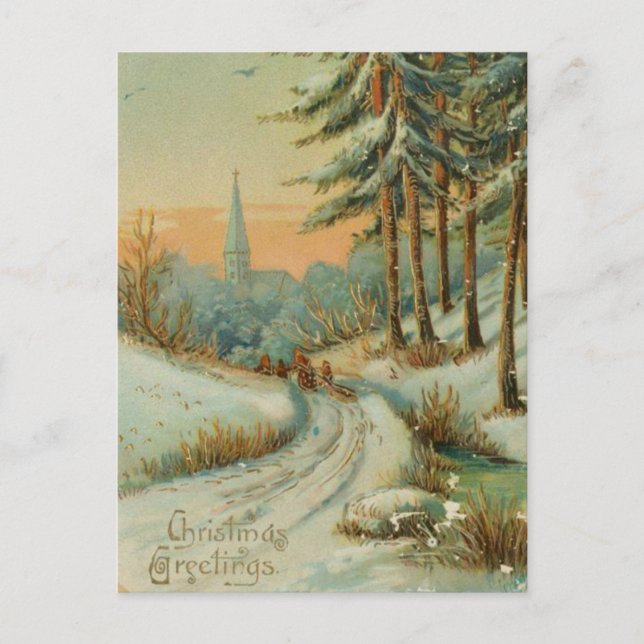 Vintage Christmas Snow Trail Holiday Postcard (Front)