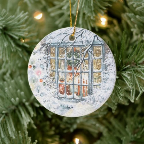 Vintage Christmas Snow Tree Window House Wreath Ceramic Ornament