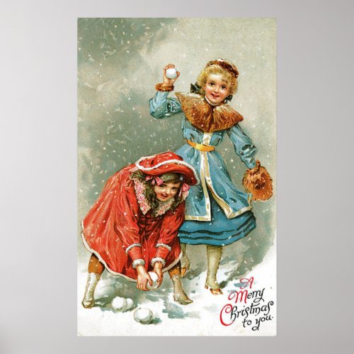 Vintage Christmas snowball fight decor poster