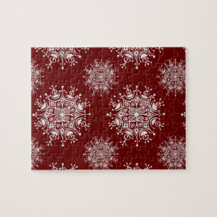 Vintage Christmas Snowflakes Red Blizzard Pattern Jigsaw Puzzle