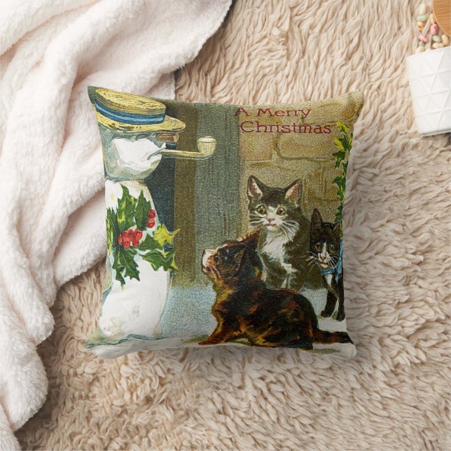 Vintage Christmas snowman and cats pillow (Blanket)