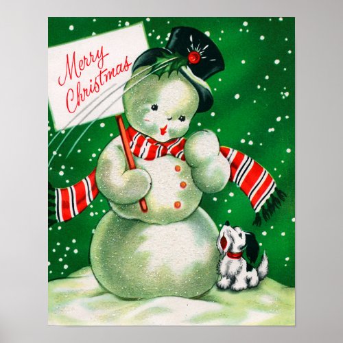 Vintage Christmas snowman and dog poster