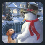 Vintage Christmas Snowman And Dog Square Sticker<br><div class="desc">Christmas Snowman with dog.</div>