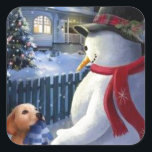 Vintage Christmas Snowman And Dog Square Sticker<br><div class="desc">Christmas Snowman with dog.</div>