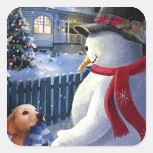Vintage Christmas Snowman And Dog Square Sticker