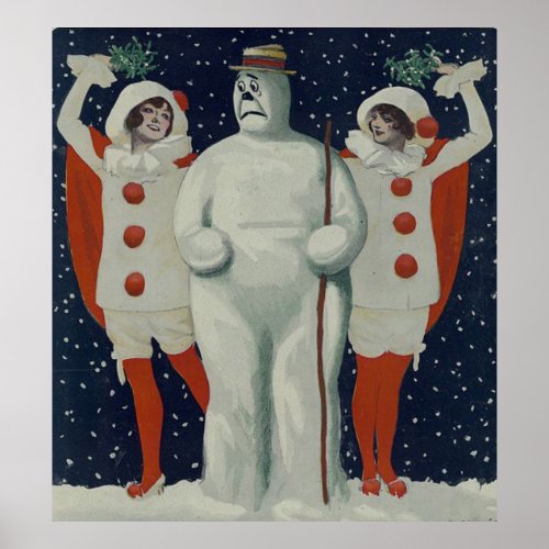 Vintage Christmas Snowman and Ladies Poster