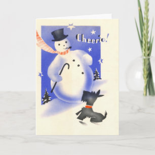 Vintage Christmas Snowman And Scottie Dog Holiday Card