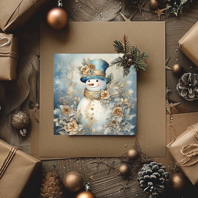 Vintage Christmas Snowman Blue and Gold Holiday Card (Vintage Christmas Snowman Blue and Gold Holiday Card)