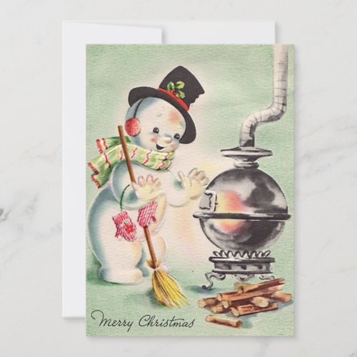 Vintage Christmas Snowman by Wood Stove Holiday Card