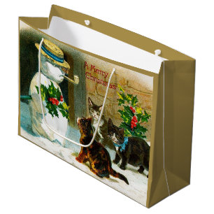 vintage Christmas snowman cats Holiday Large Gift Bag