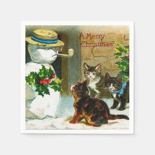 Vintage Christmas snowman cats party napkins