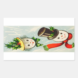 Vintage Christmas Snowman Couple Rectangular Sticker