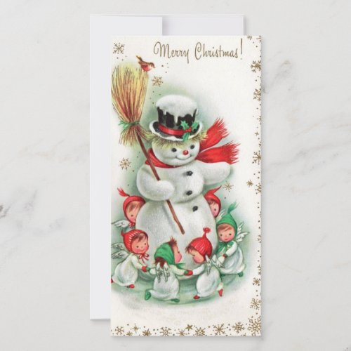 Vintage Christmas Snowman Dances With Angels Holiday Card