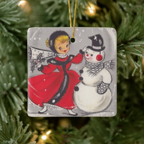Vintage Christmas Snowman Dancing With Girl Ceramic Ornament
