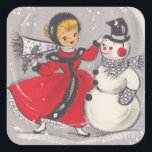 Vintage Christmas Snowman Dancing With Girl Square Sticker<br><div class="desc">Cute Retro Vintage Christmas Snowman Dancing With Girl Holiday Square Sticker.</div>