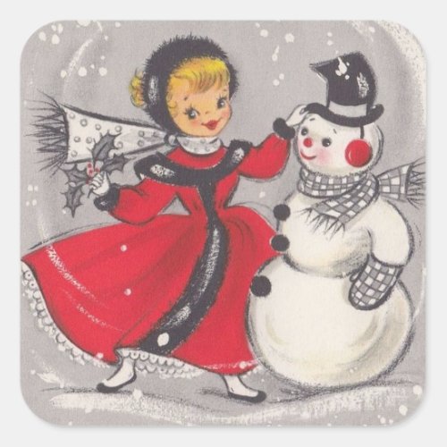 Vintage Christmas Snowman Dancing With Girl Square Sticker