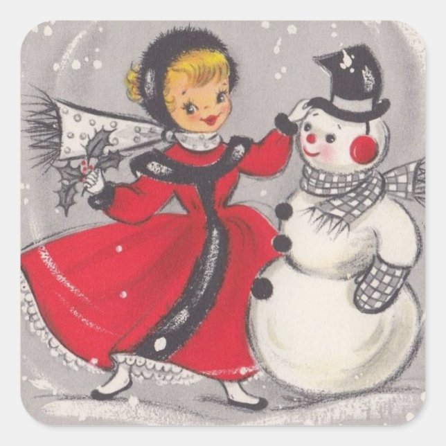 Vintage Christmas Snowman Dancing With Girl Square Sticker (Front)