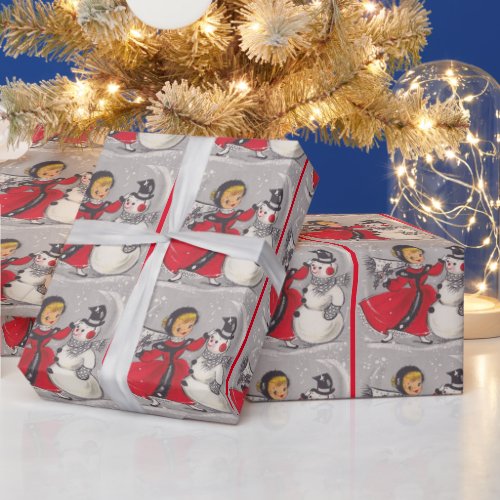 Vintage Christmas Snowman Dancing With Girl Wrapping Paper