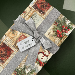 Vintage Christmas Snowman Ephemera Collage Wrapping Paper