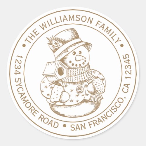 Vintage Christmas SnowMan Gold Ink Return Address Classic Round Sticker