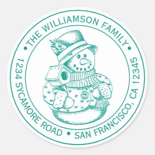 Vintage Christmas SnowMan Green Ink Return Address Classic Round Sticker