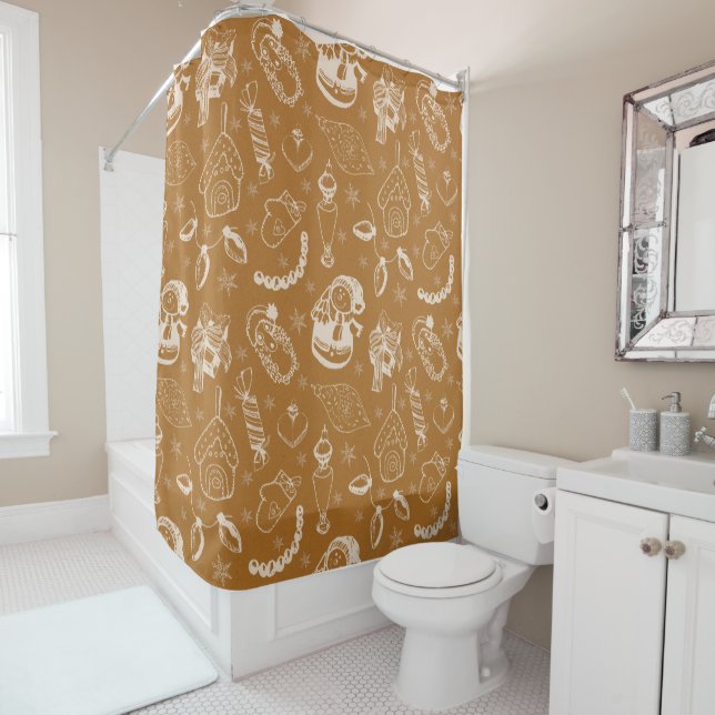vintage christmas snowman hand drawn shower curtain (In Situ)